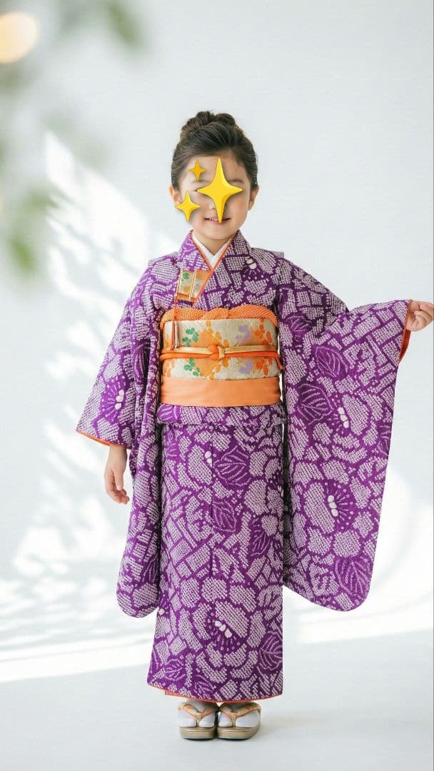 5-7歳　レトロ正絹紫総絞り牡丹　七五三　お着物・作り帯セット　アンティーク