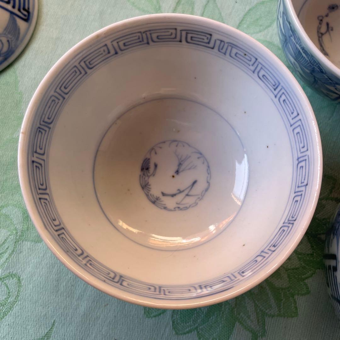 古伊万里　染付　吉祥紋様　牡丹　寿　蓋付きご飯茶碗　3客