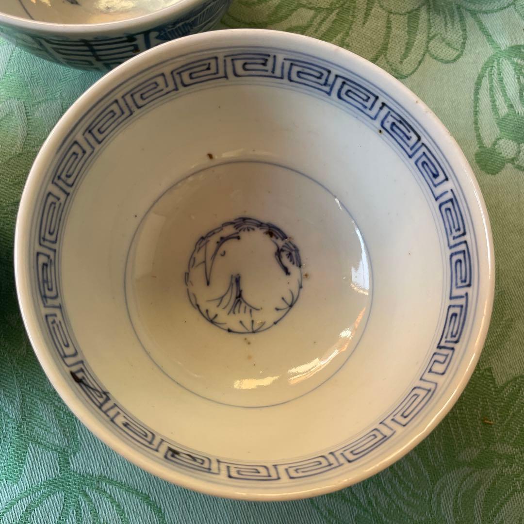 古伊万里　染付　吉祥紋様　牡丹　寿　蓋付きご飯茶碗　3客