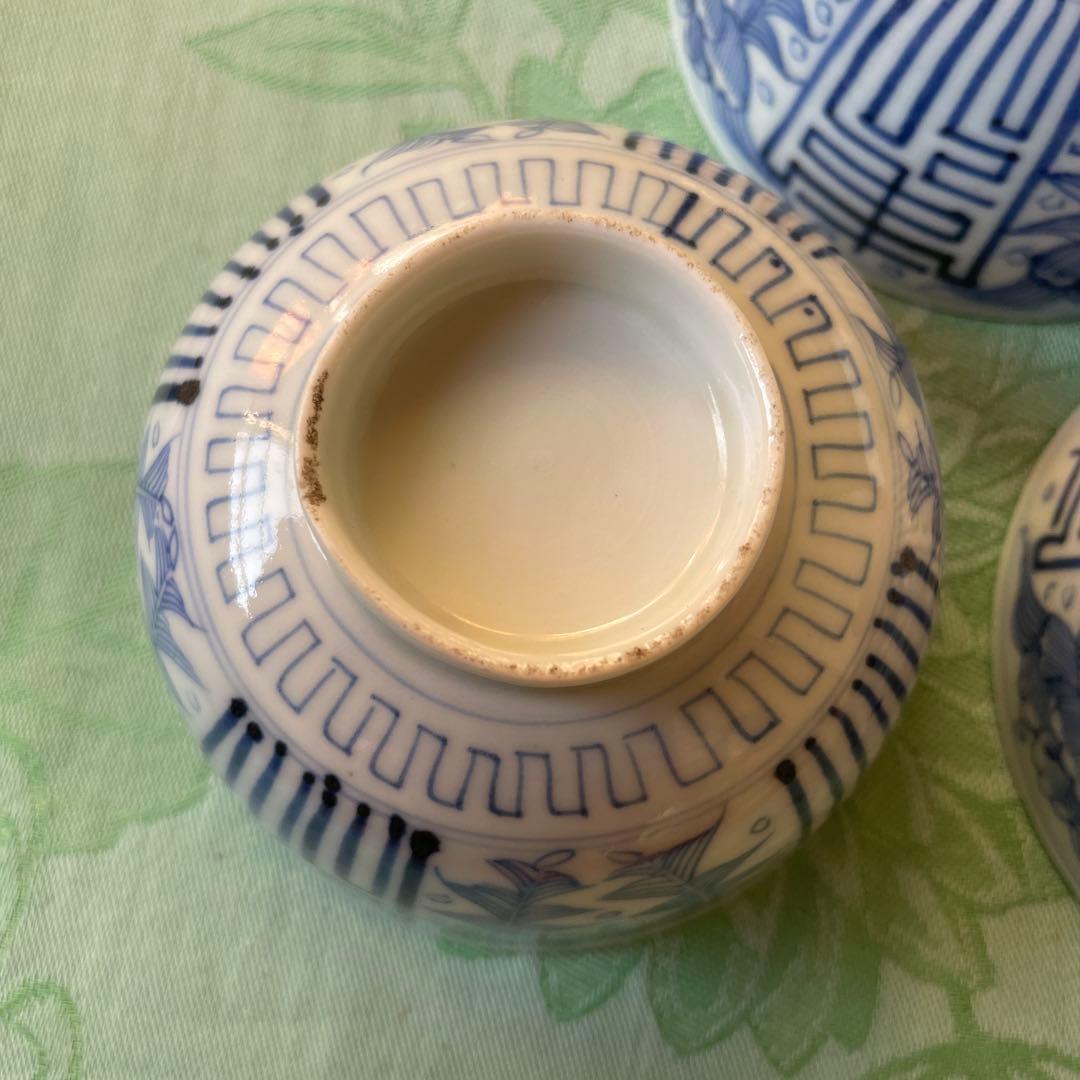 古伊万里　染付　吉祥紋様　牡丹　寿　蓋付きご飯茶碗　3客