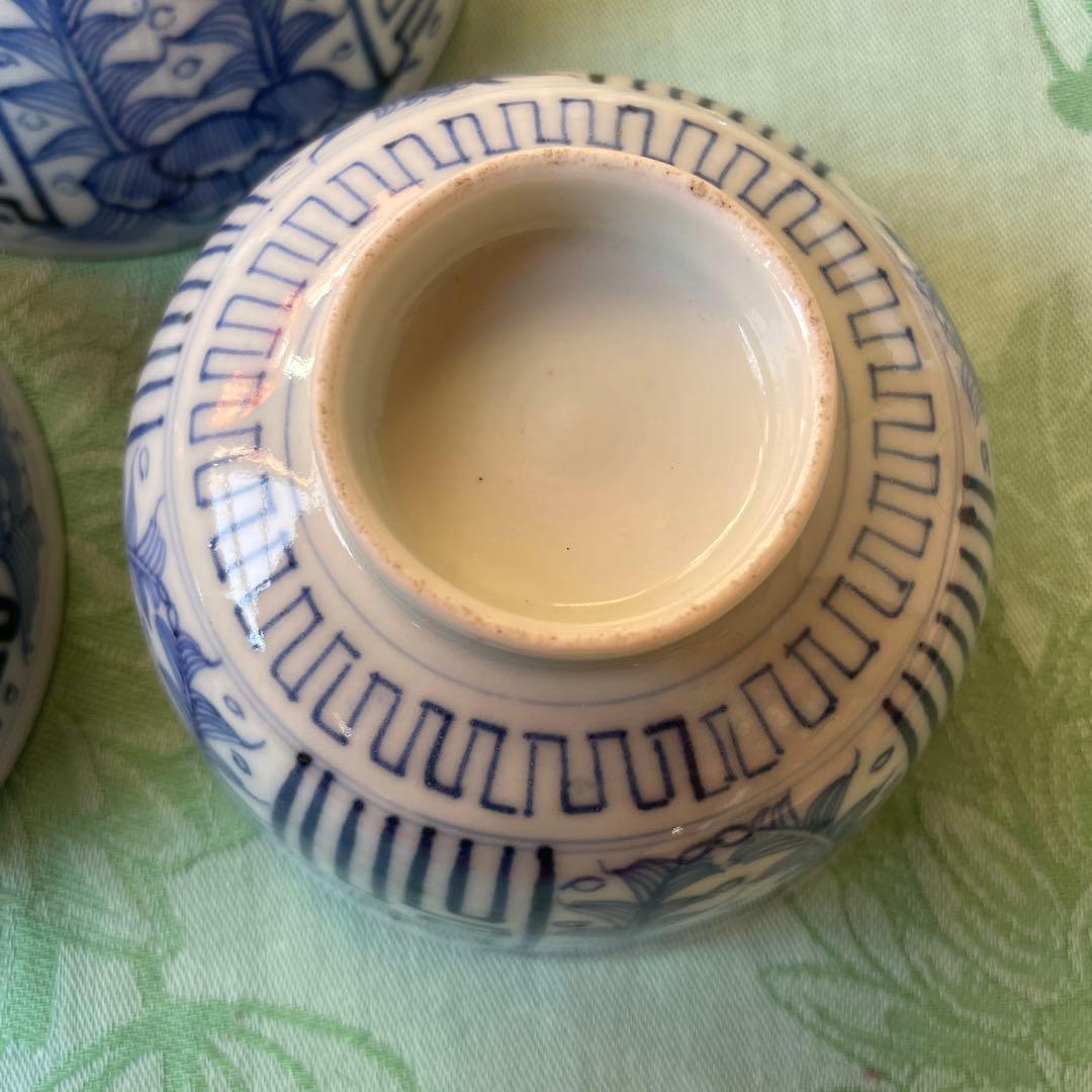 古伊万里　染付　吉祥紋様　牡丹　寿　蓋付きご飯茶碗　3客