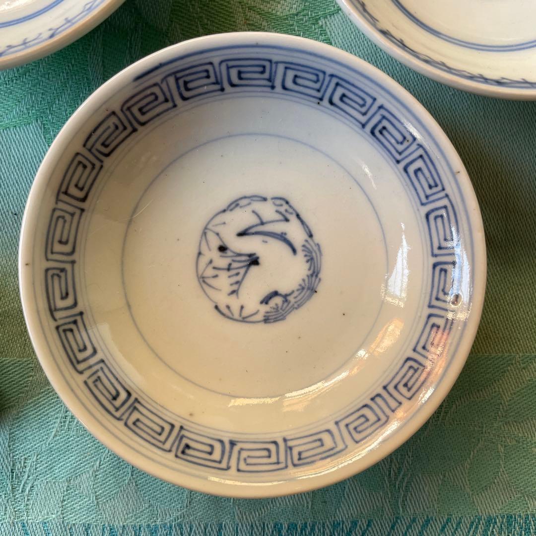 古伊万里　染付　吉祥紋様　牡丹　寿　蓋付きご飯茶碗　3客