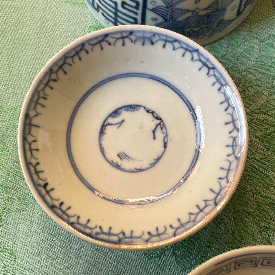 古伊万里　染付　吉祥紋様　牡丹　寿　蓋付きご飯茶碗　3客