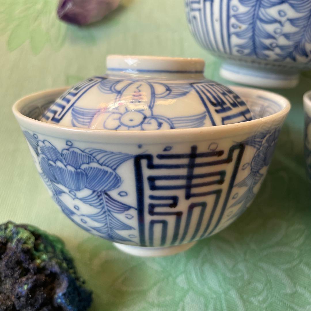 古伊万里　染付　吉祥紋様　牡丹　寿　蓋付きご飯茶碗　3客