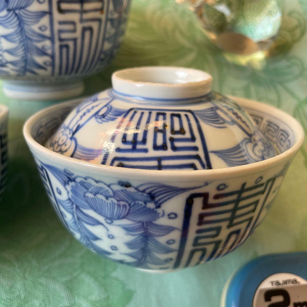 古伊万里　染付　吉祥紋様　牡丹　寿　蓋付きご飯茶碗　3客