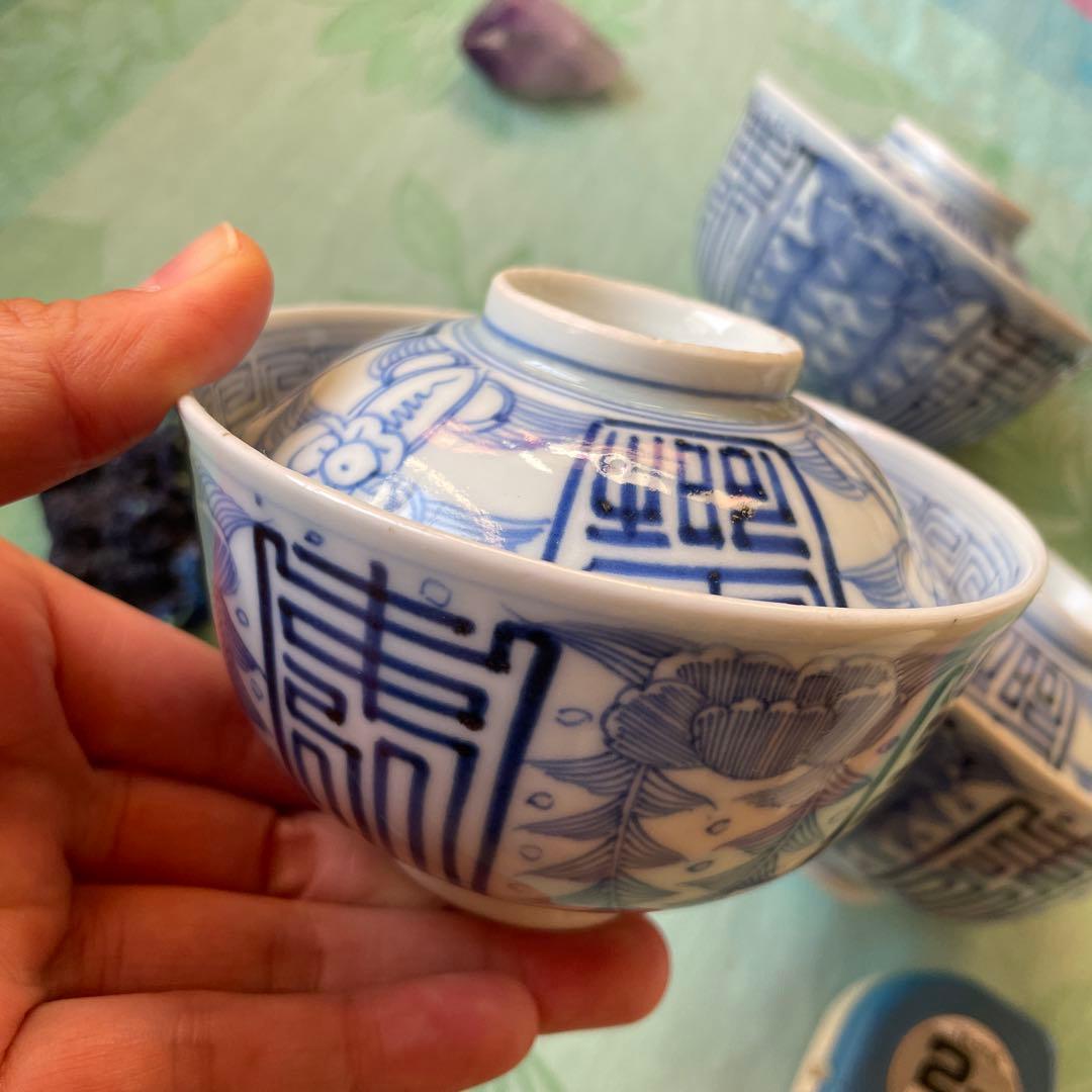 古伊万里　染付　吉祥紋様　牡丹　寿　蓋付きご飯茶碗　3客