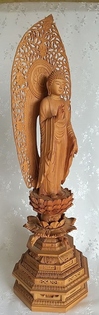 阿弥陀如来立像 6寸 #298 八角台座 宝相華唐草 ◆白檀 木彫 仏像
