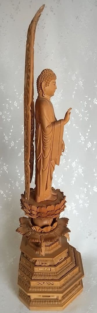 阿弥陀如来立像 6寸 #298 八角台座 宝相華唐草 ◆白檀 木彫 仏像