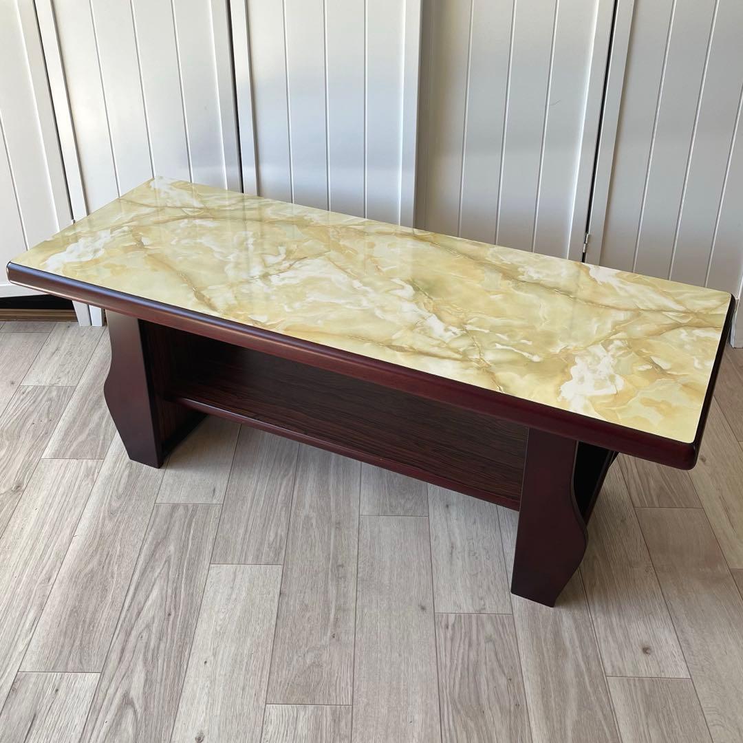 センターテーブル　ローテーブル　大理石柄　昭和レトロ　ビンテージ　木製