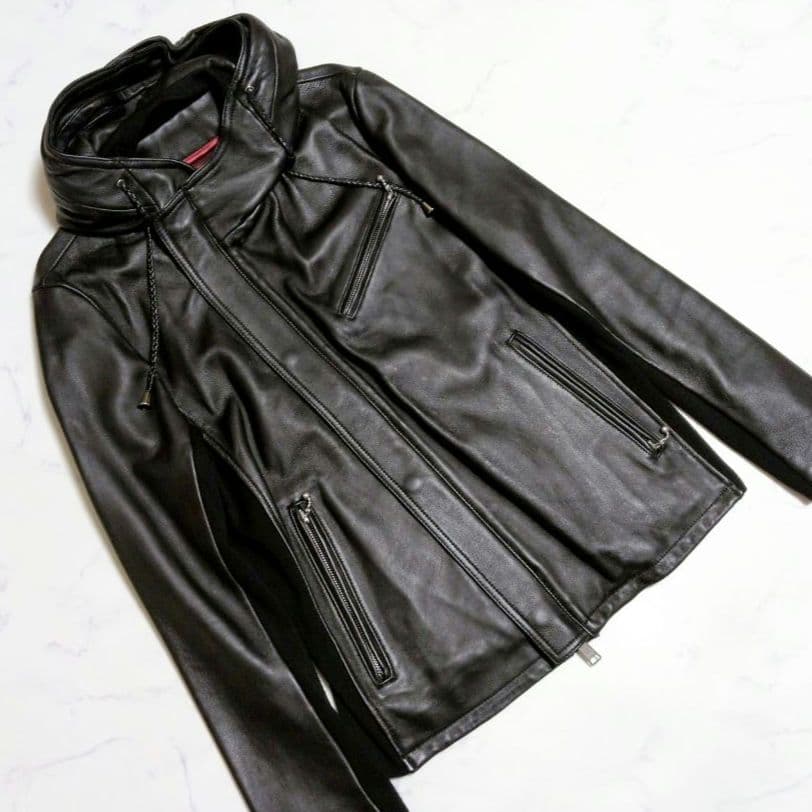 【美品】ジョニーウルフ レザージャケット パーカー ライダース 羊革 黒 L