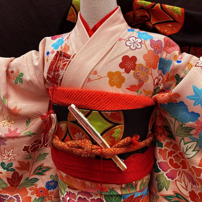 411ag81◎七五三 七歳 女児 着物&袋帯&長襦袢 花車 薄ピンク◎美品