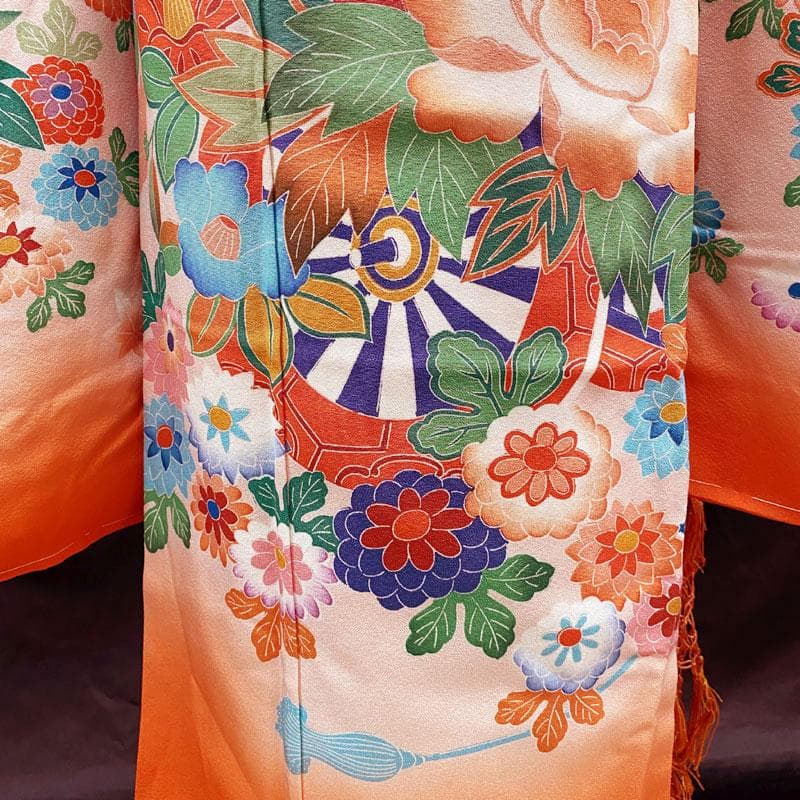 411ag81◎七五三 七歳 女児 着物&袋帯&長襦袢 花車 薄ピンク◎美品