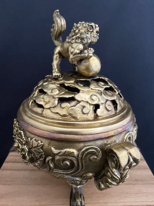 香炉 獅子　牡丹 箱 彫刻 置物　銅 開運 風水 骨董 インテリア　アンティーク