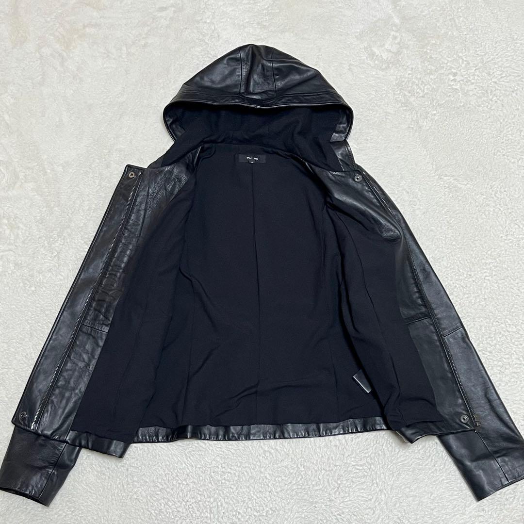 【美品】セオリー　ラムレザージャケット　ジップアップパーカー　羊革　P　黒