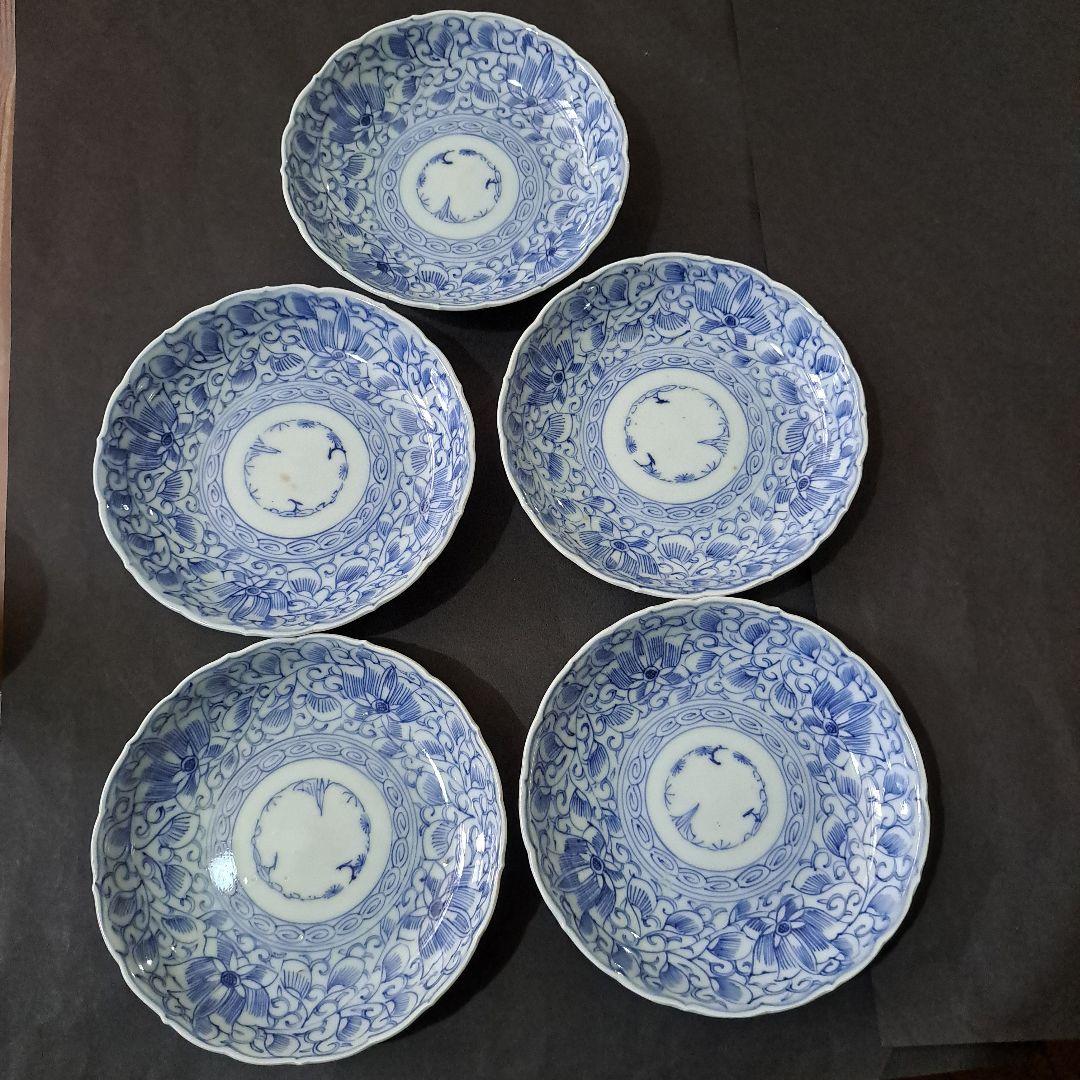 江戸中期　乾隆年　古伊万里　線画華唐草図　五寸皿　向付　膳皿　輪花　五客セット