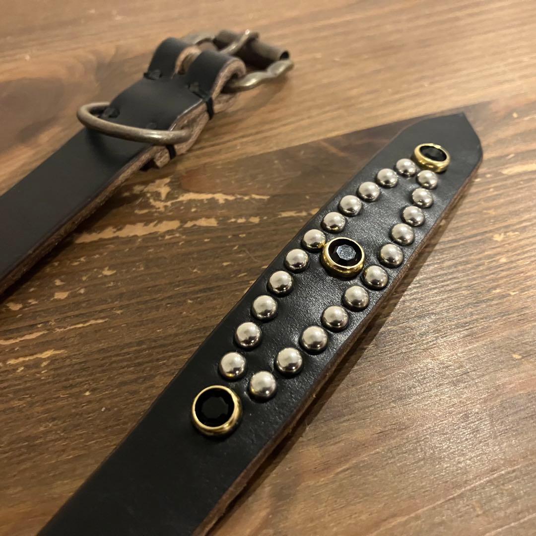 【ハンドメイド】クロムエクセルレザー ナローベルト　スタッズ　ブラック