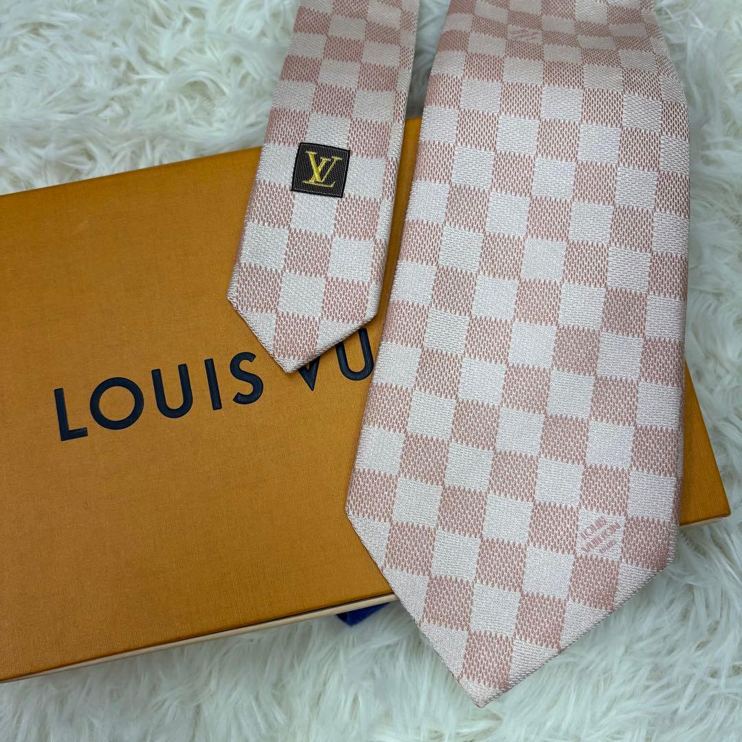 美品 ルイヴィトン ダミエ 現行 シルク ネクタイ ピンク