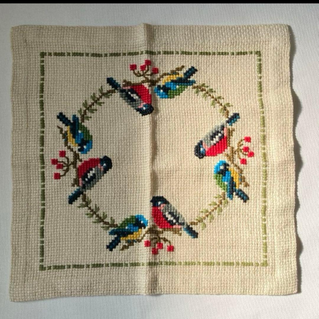 ひなたん　ヴィンテージ 北欧 フレミッシュ織 プレースマット 毛糸刺繍　鳥