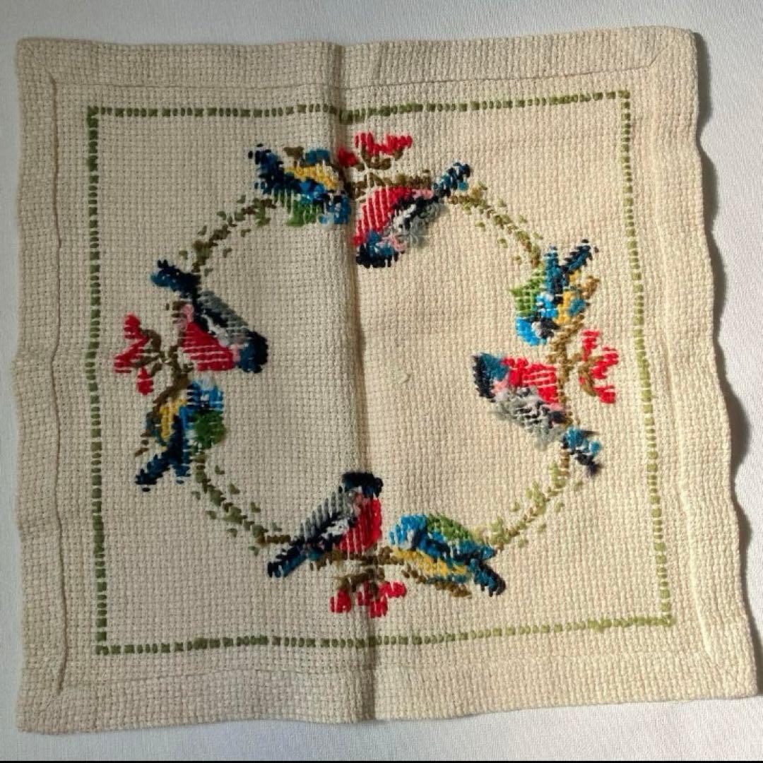 ひなたん　ヴィンテージ 北欧 フレミッシュ織 プレースマット 毛糸刺繍　鳥
