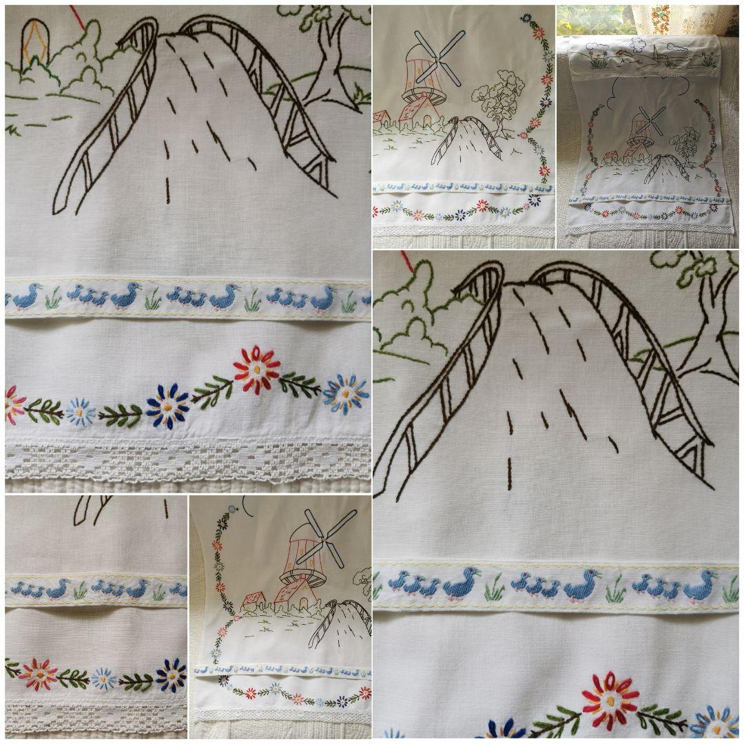 アンティーク 風車と橋と木と花刺繍クロス 家鴨の親子刺繍リボン付 カーテンパネル