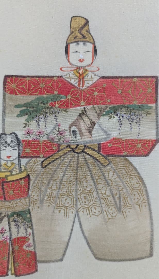 上品な立雛図 掛軸 髙嶺筆 肉筆 絹本 陶器軸【桃の節句・雛祭り】