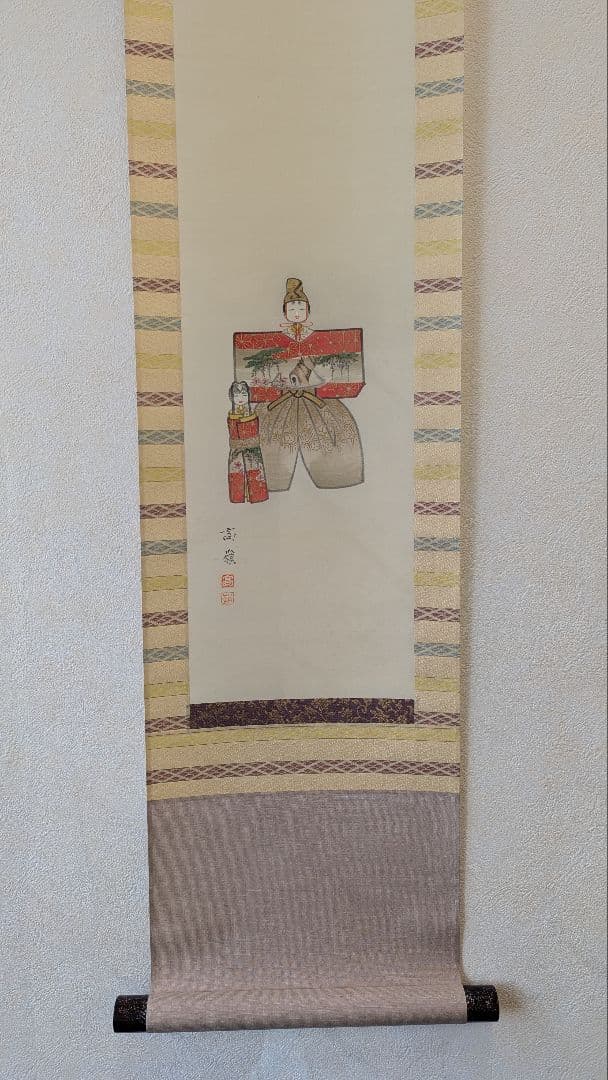 上品な立雛図 掛軸 髙嶺筆 肉筆 絹本 陶器軸【桃の節句・雛祭り】