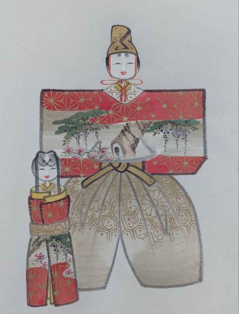 上品な立雛図 掛軸 髙嶺筆 肉筆 絹本 陶器軸【桃の節句・雛祭り】