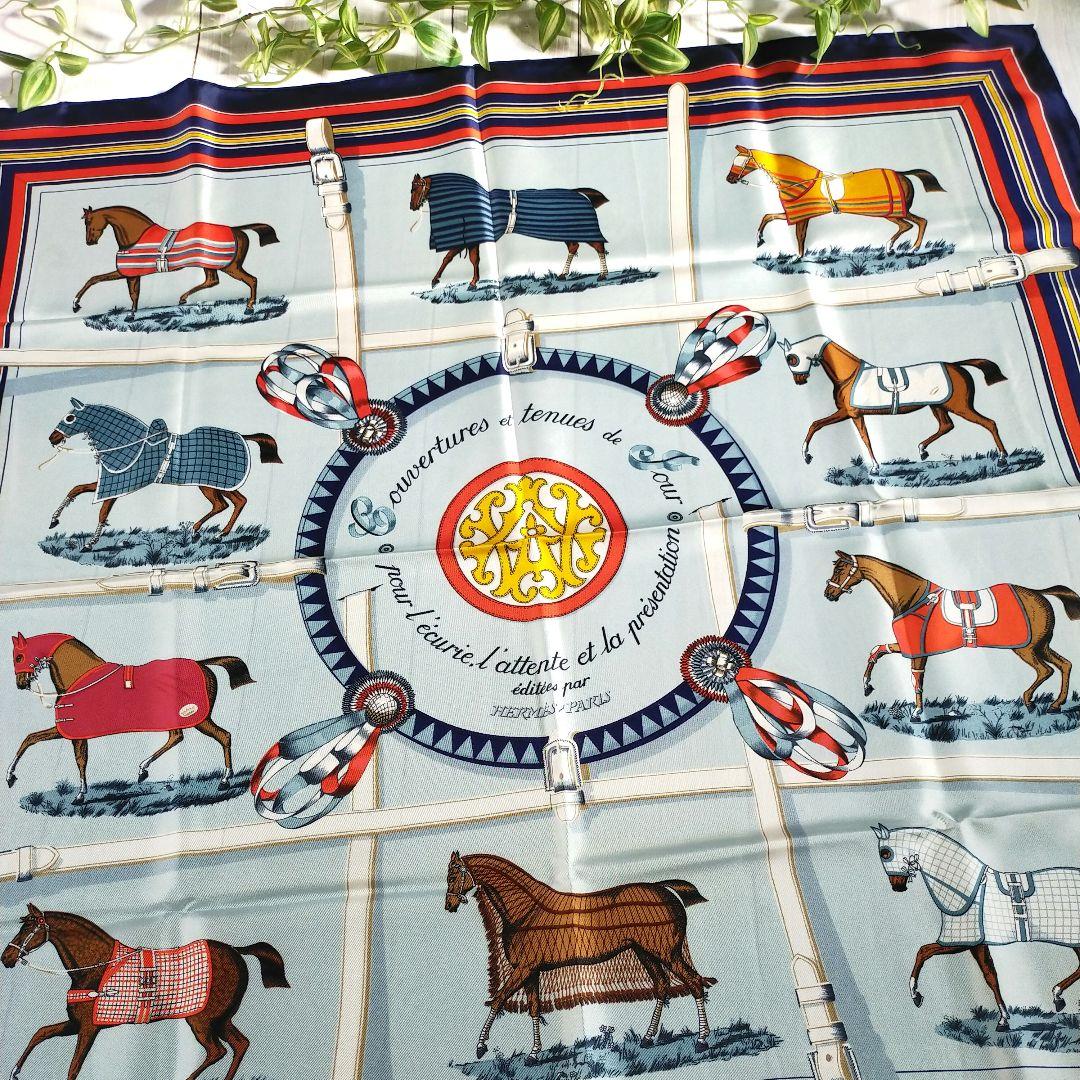 ☘️極美品☘️ HERMES カレ90　馬着　ライトブルー ネイビー