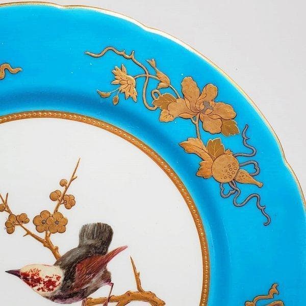 ミントン逸品 ！１９世紀中葉 プレート ターコイズ 金盛蝶鳥図文レイズドゴールド