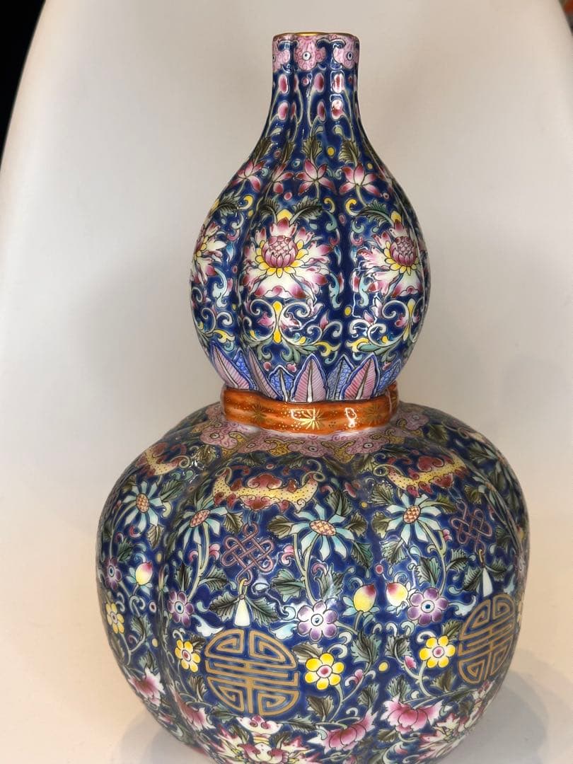 中国清代 乾隆年製款 藍釉金彩 葫蘆形賞瓶（荷花・寿字吉祥紋）中国古陶磁骨董品