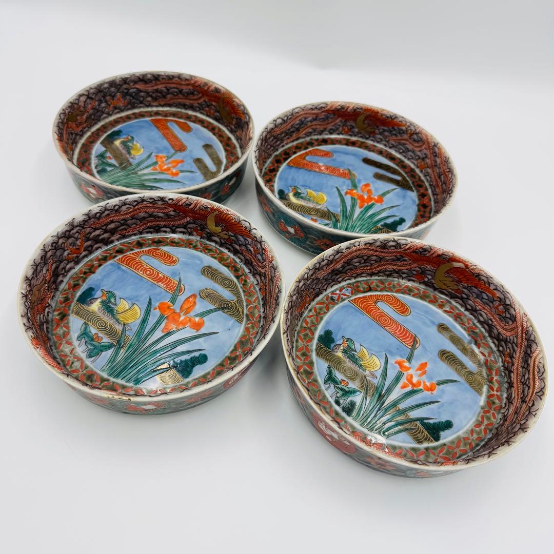 【時代　伊万里焼　鴨に杜若　龍　鳳凰なます皿　四客】食器　料亭　銘々皿　向付