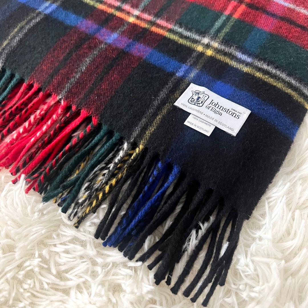 【美品】ジョンストンズ カシミヤ 大判ストール ブラックスチュアート チェック