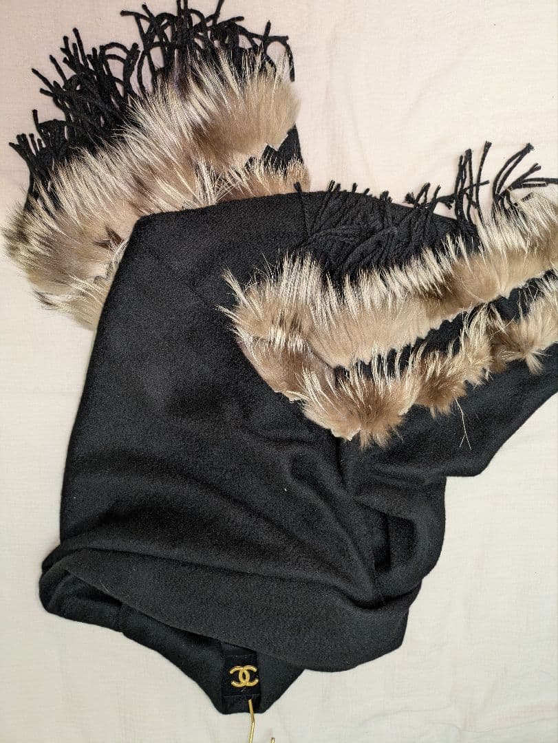 【ジャン ルイシェレル】カシミヤ100%　ファー付き特大判ストール　ショール美品