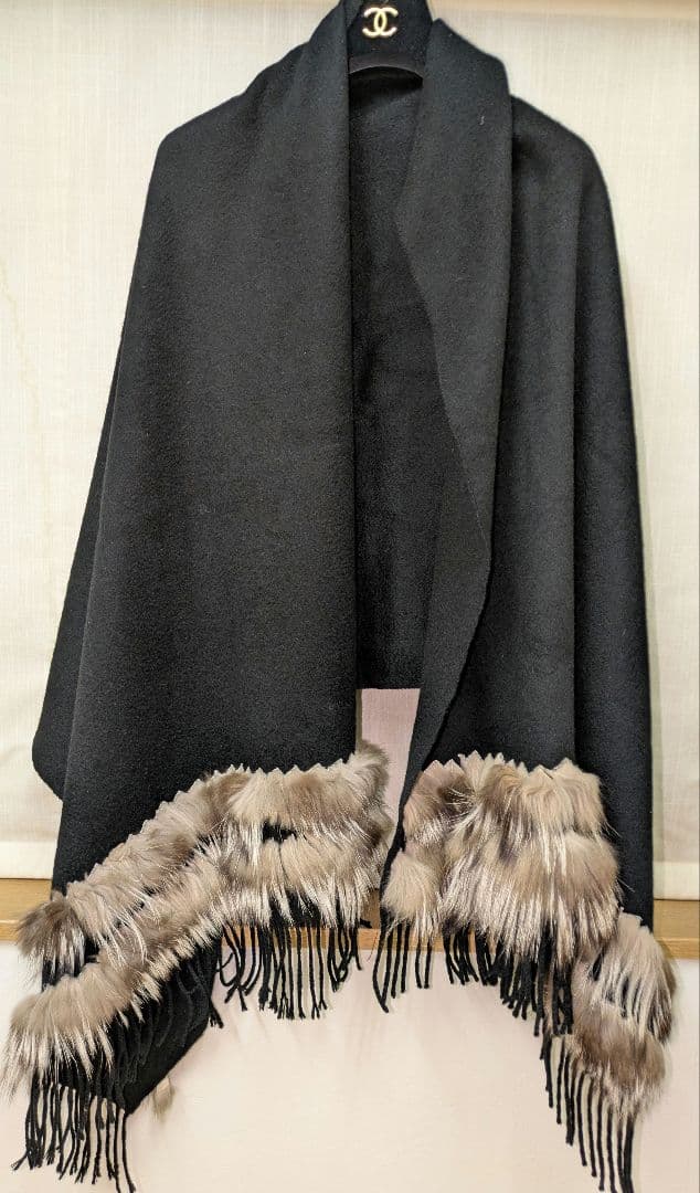 【ジャン ルイシェレル】カシミヤ100%　ファー付き特大判ストール　ショール美品