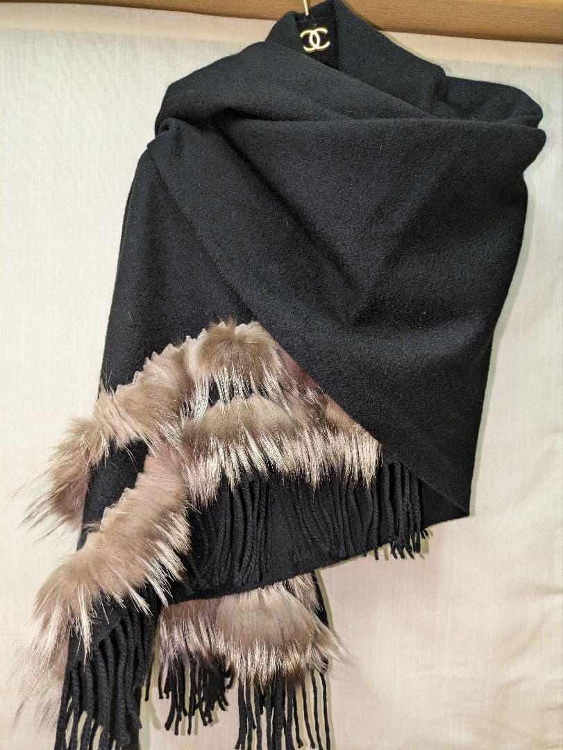 【ジャン ルイシェレル】カシミヤ100%　ファー付き特大判ストール　ショール美品