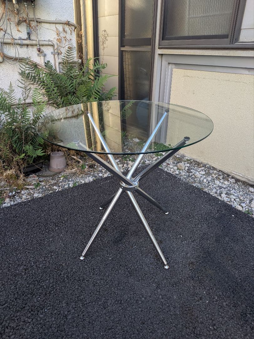 80sミッドセンチュリー円形強化ガラス天板 ダイニングテーブル 折りたたみ