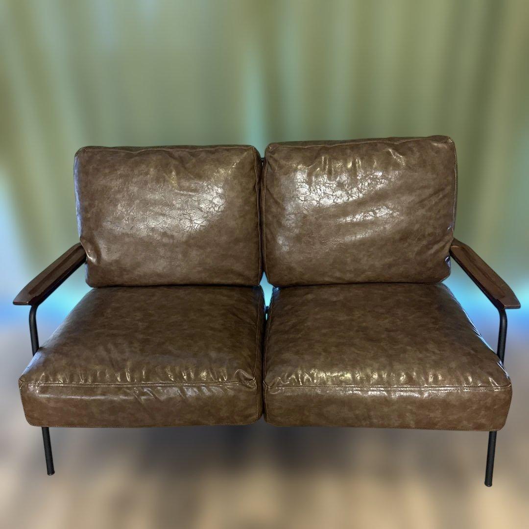 ブラウン 合成皮革 2人掛けソファ