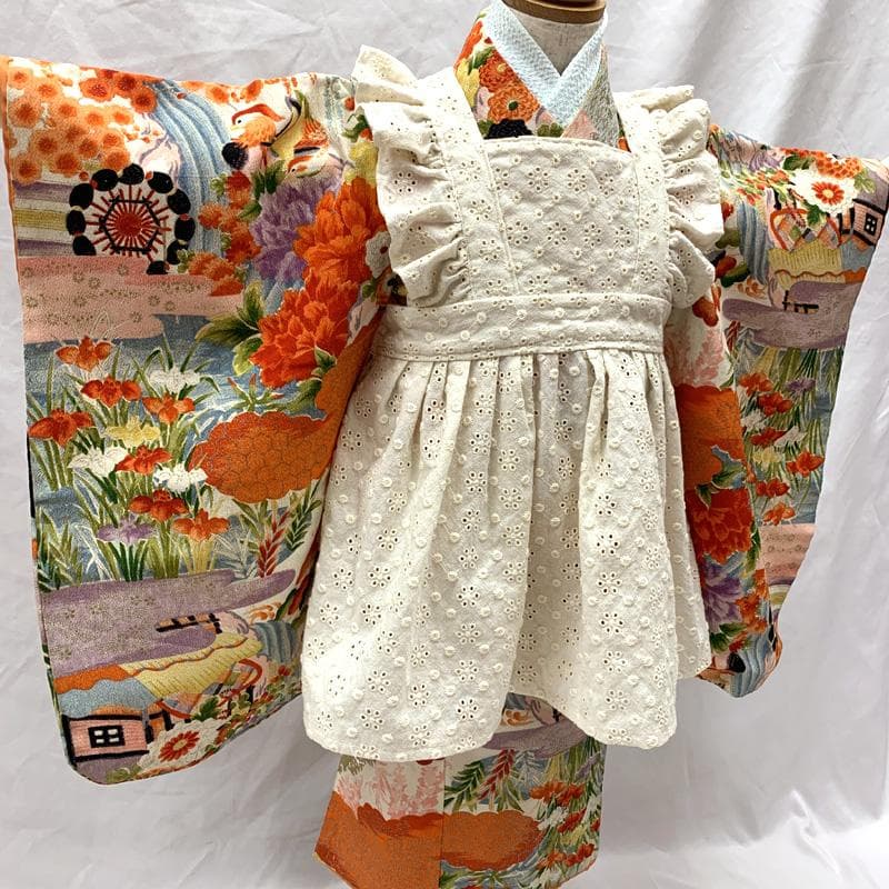 510ag41□七五三 三歳 アンティーク 女児 着物&被布エプロン 風景□美品