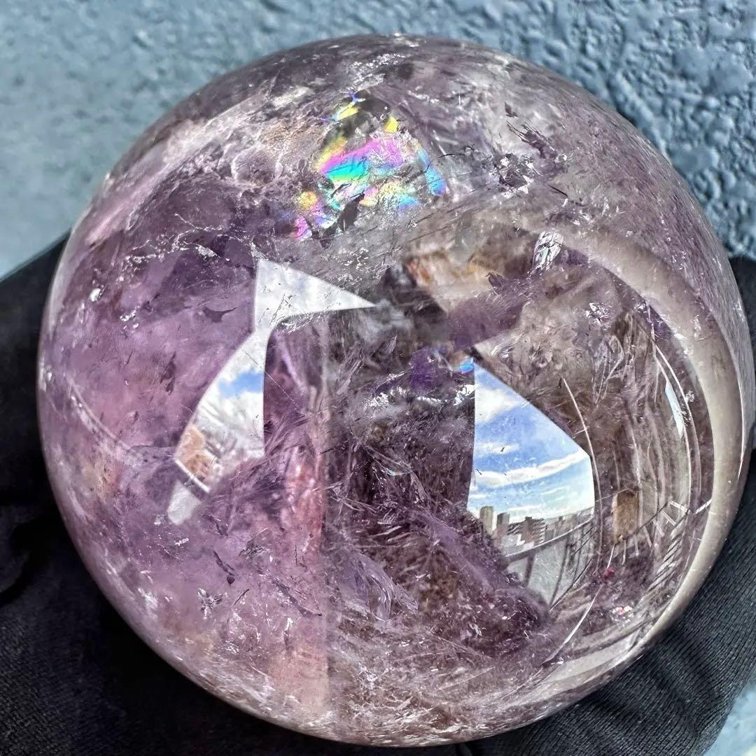 ラベンダー☆レインボー☆アメジスト·ライモナイト共生 丸玉スフィアA1275