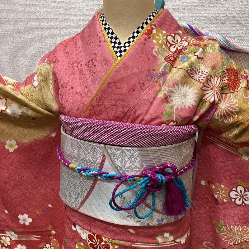 502aj21◎振袖＆袋帯 金彩 花扇 成人式 結婚式 十三参り◎美品