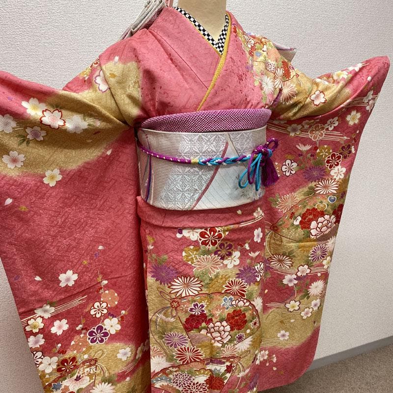 502aj21◎振袖＆袋帯 金彩 花扇 成人式 結婚式 十三参り◎美品