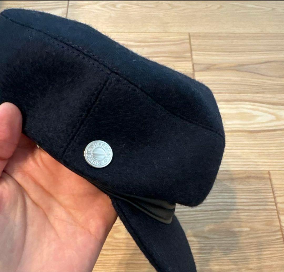 専用　エルメス　23年　ネイビー ワークキャップ ウール　革　58