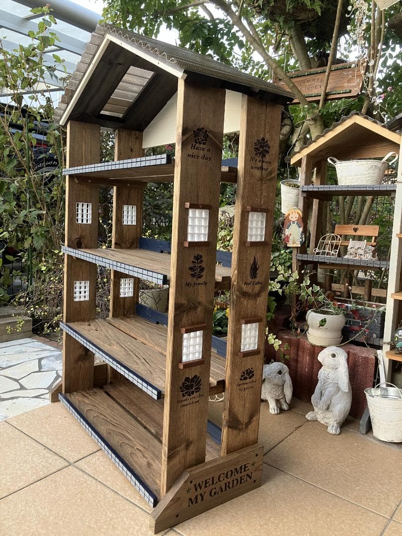 No12 三角屋根の簡単移動棚4段Flower end　Garden　brown