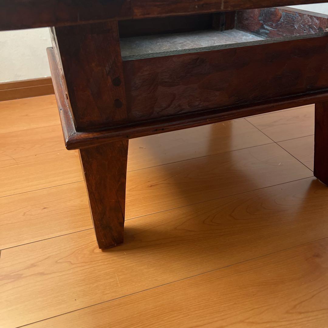 アジアン アンティーク ナイトテーブル　木製ガラストップ テーブル