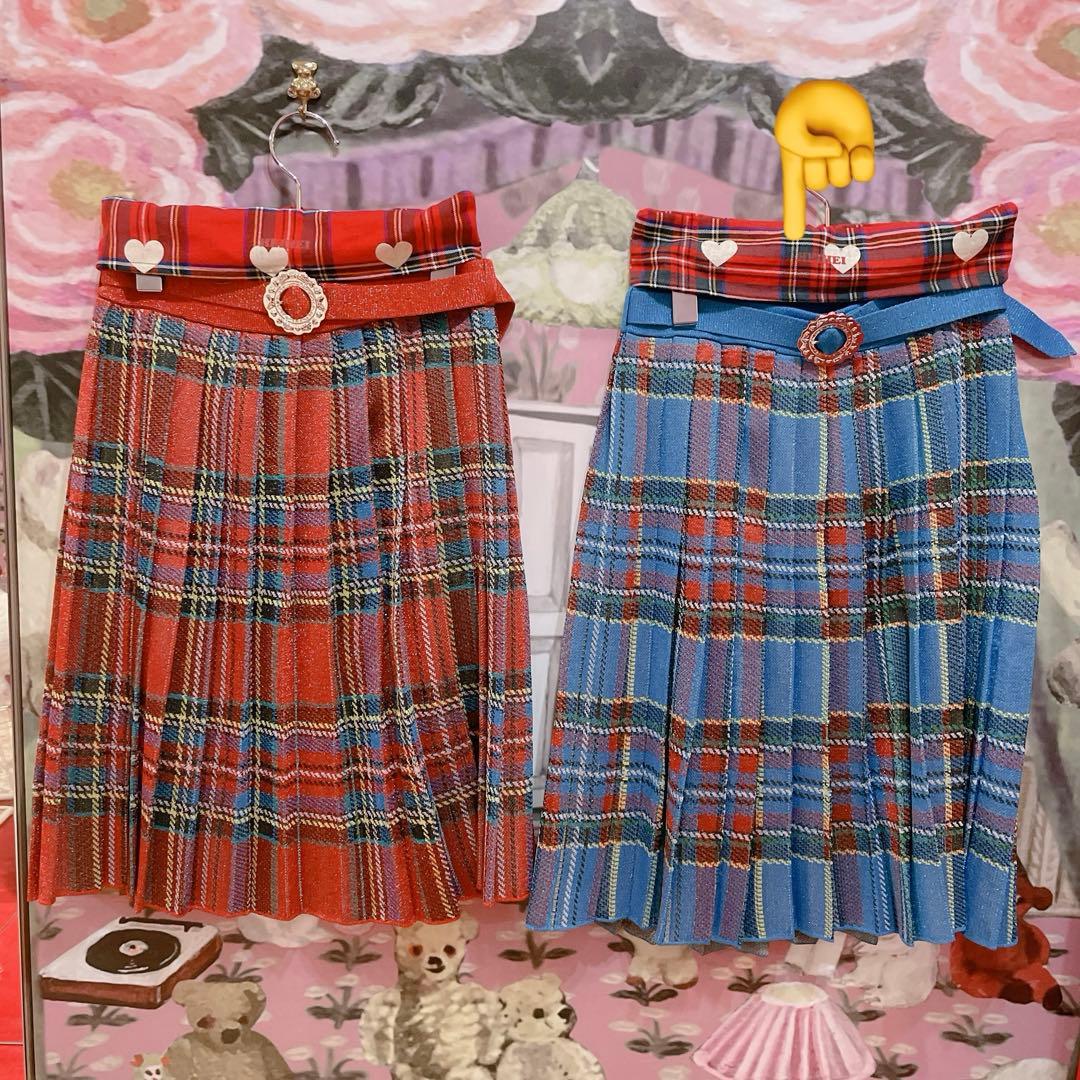 heihei ラメニットプリーツチェックスカート　ブルー