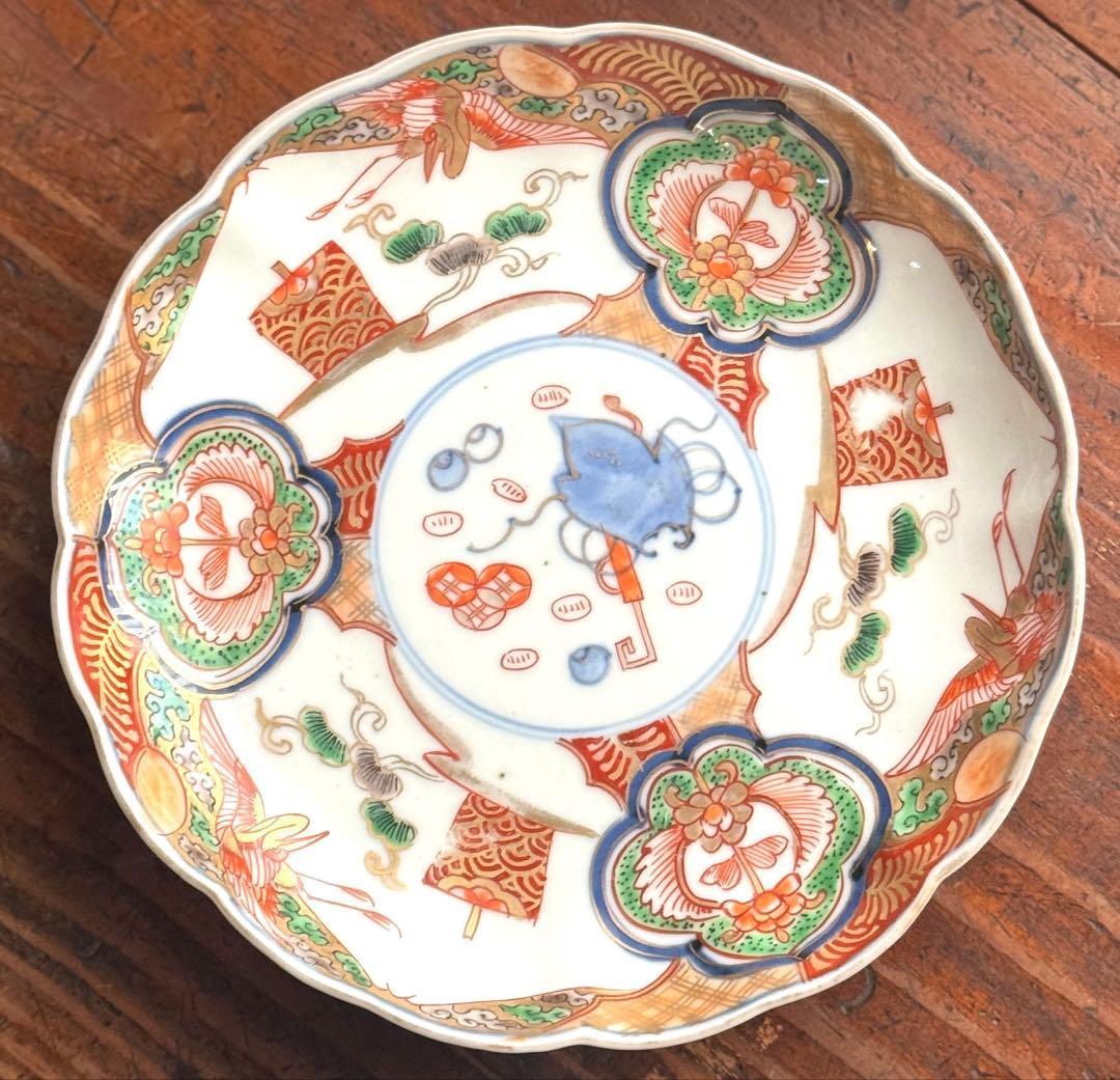 骨董皿　古伊万里金彩色絵皿　宝尽くし宝船花鳥文 平皿2枚