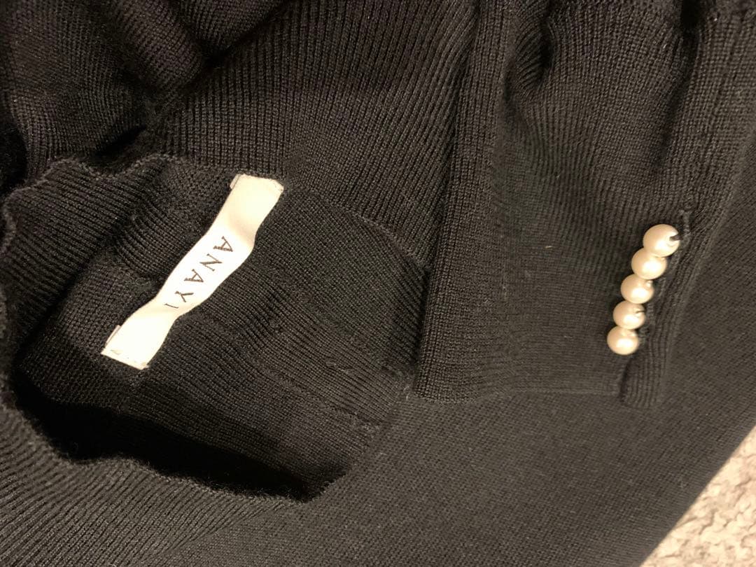 ANAYI ウールスムースAラインワンピースパール装飾黒36アナイ