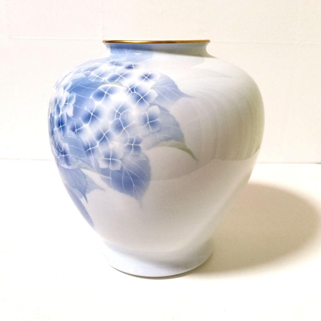 美品 有田焼 深川製磁 紫陽花小鳥文 花瓶 大型