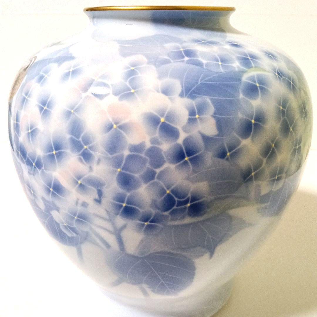 美品 有田焼 深川製磁 紫陽花小鳥文 花瓶 大型