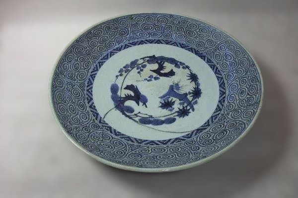 伊万里「江戸期」染付 蛸唐草 松竹梅 大皿 径;46.5cm 継ぎ手 骨董 希少